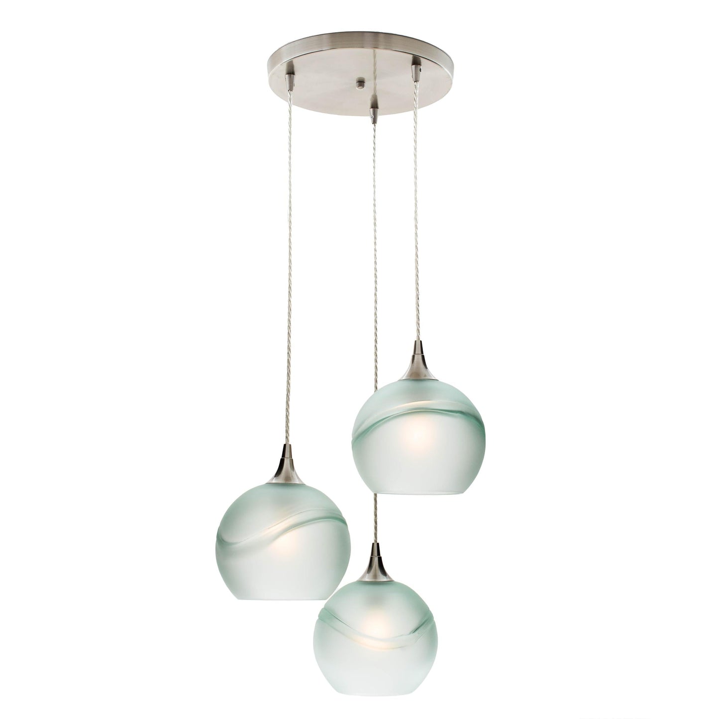 Bicycle Glass Co 767 Glacial: 3 Pendant Cascade Chandelier, Eco Clear Glass, Brushed Nickel Hardware, Light Bulbs On