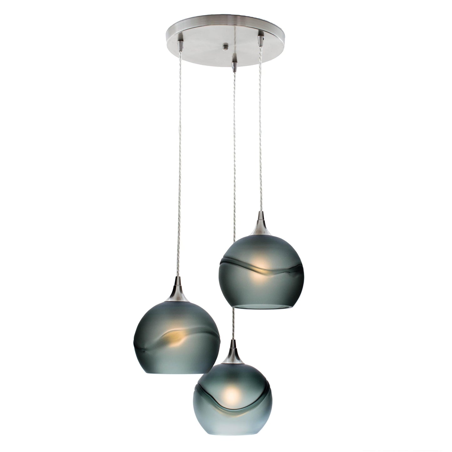 Bicycle Glass Co 767 Glacial: 3 Pendant Cascade Chandelier, Slate Gray Glass, Brushed Nickel Hardware, Light Bulbs On