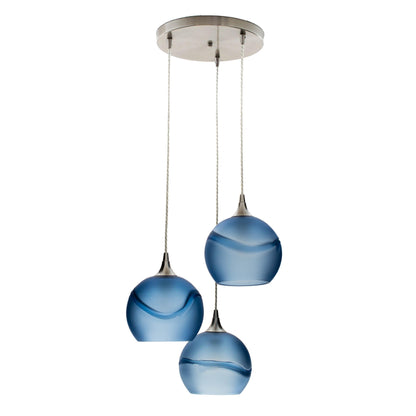 Bicycle Glass Co 767 Glacial: 3 Pendant Cascade Chandelier, Steel Blue Glass, Brushed Nickel Hardware, Light Bulbs Off