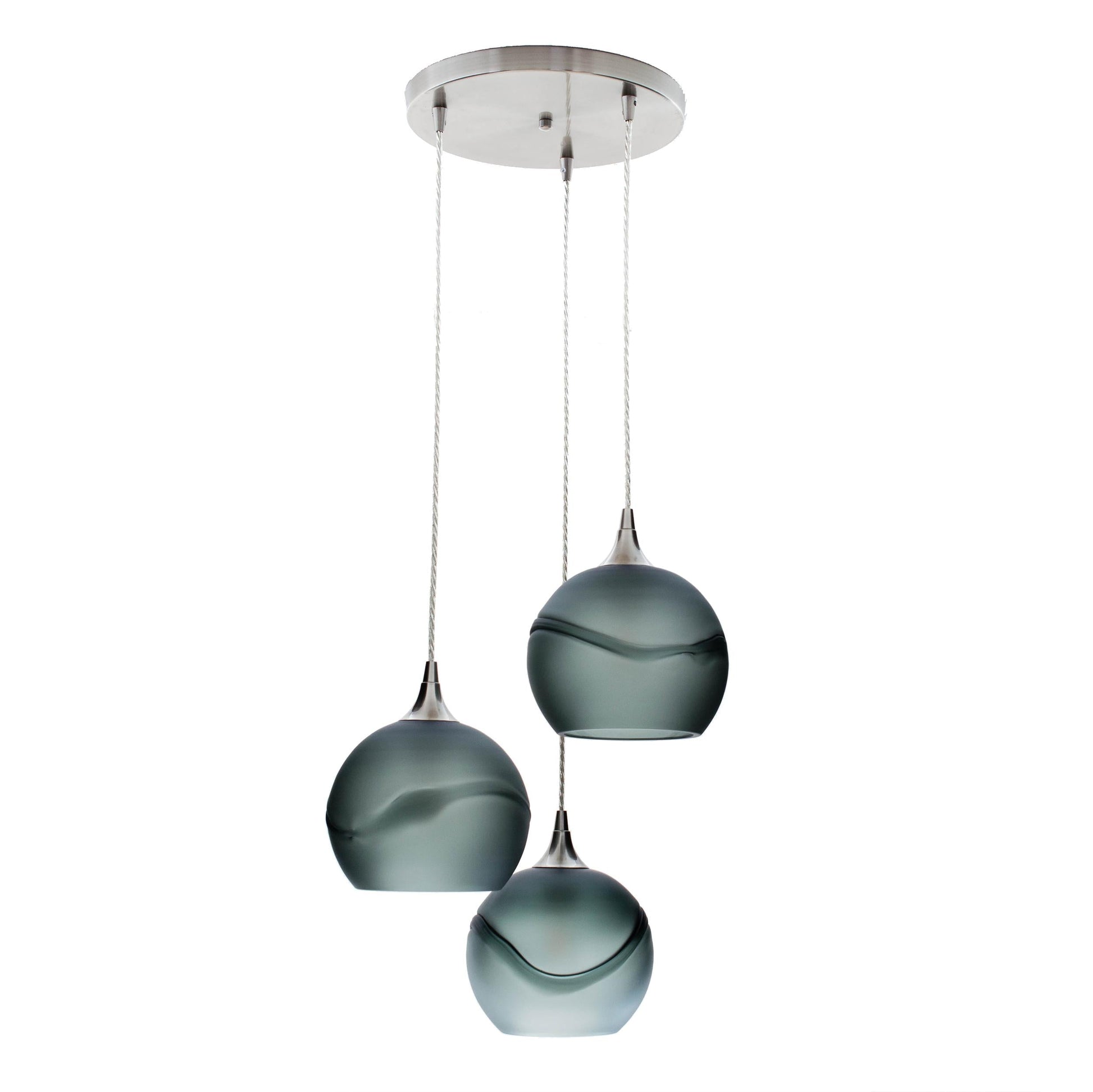 Bicycle Glass Co 767 Glacial: 3 Pendant Cascade Chandelier, Slate Gray Glass, Brushed Nickel Hardware, Light Bulbs Off