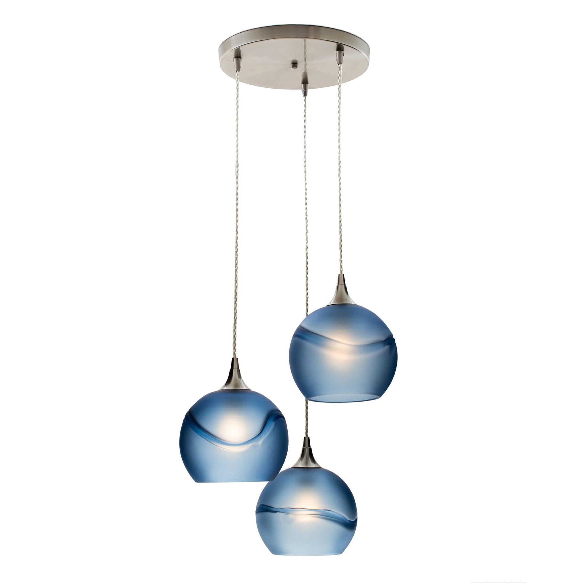 Bicycle Glass Co 767 Glacial: 3 Pendant Cascade Chandelier, Steel Blue Glass, Brushed Nickel Hardware, Light Bulbs On