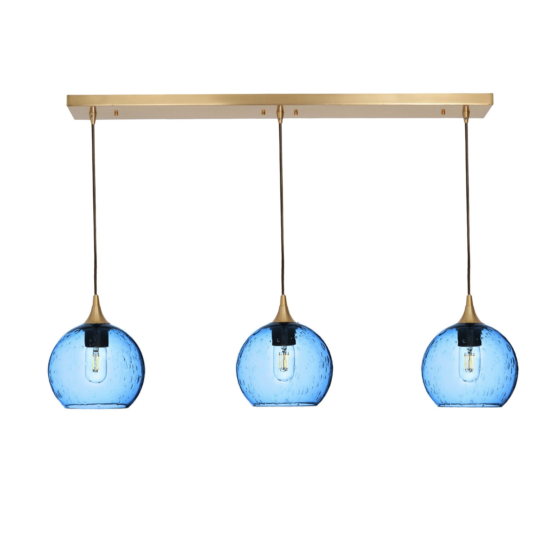 767 Lunar: 3 Pendant Linear Chandelier-Glass-Bicycle Glass Co - Hotshop-Steel Blue-Polished Brass-Bicycle Glass Co