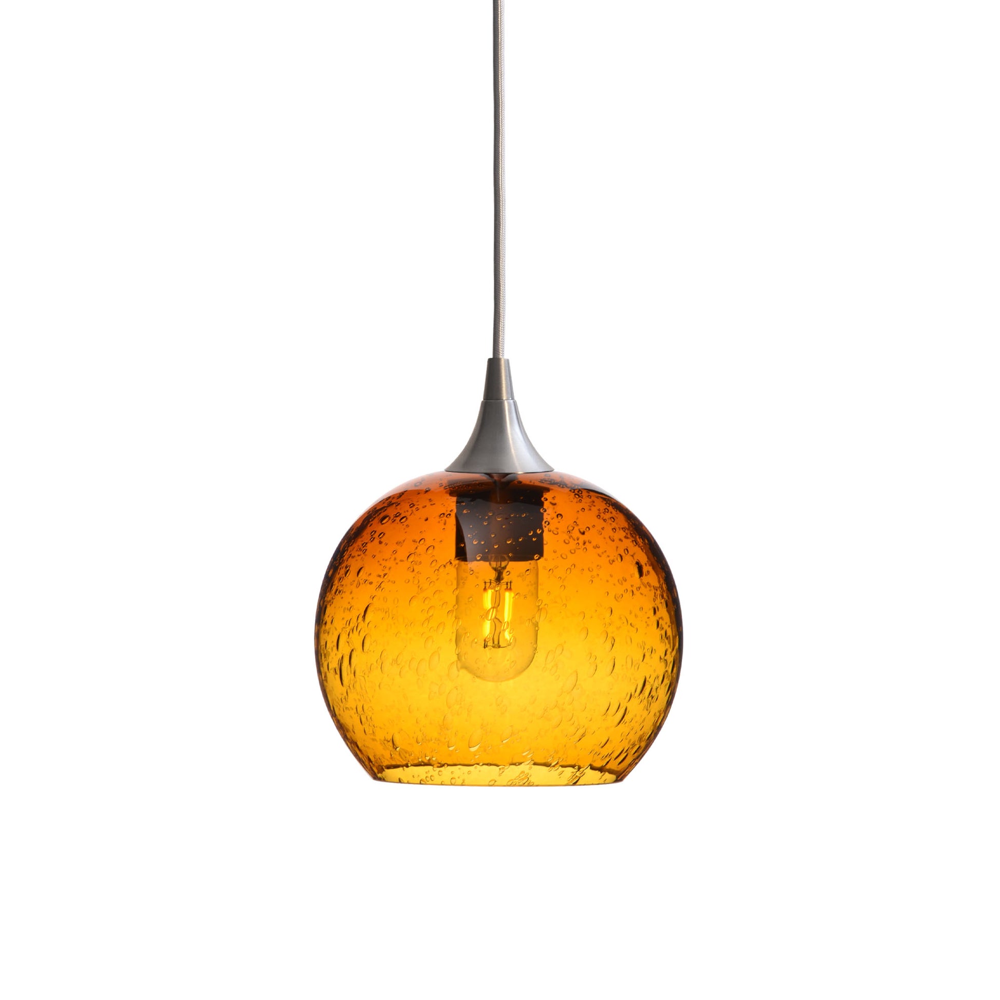 767 Single Pendant Light-Bicycle Glass Co-Brushed Nickel 15ft Cord + Track Mount-Lunar-Golden Amber-Bicycle Glass Co
