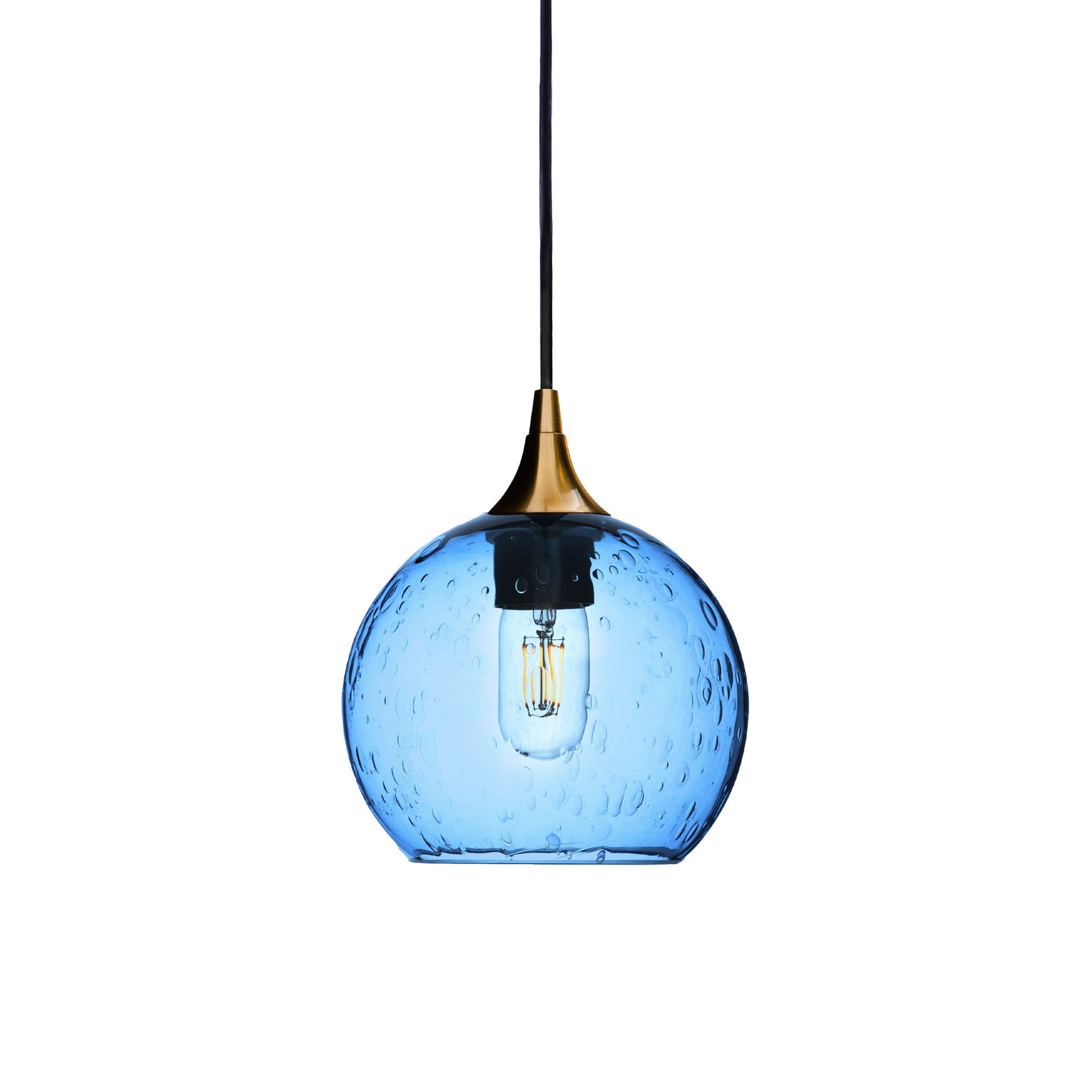 767 Single Pendant Light-Bicycle Glass Co-Polished Brass 15ft Cord + Track Mount-Lunar-Steel Blue-Bicycle Glass Co