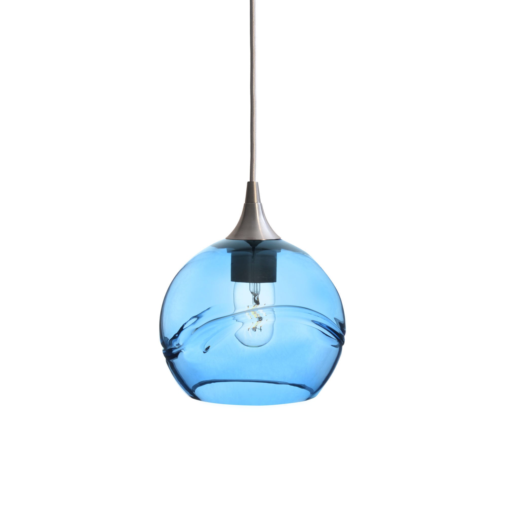 767 Single Pendant Light-Bicycle Glass Co-Brushed Nickel 15ft Cord + Track Mount-Swell-Steel Blue-Bicycle Glass Co