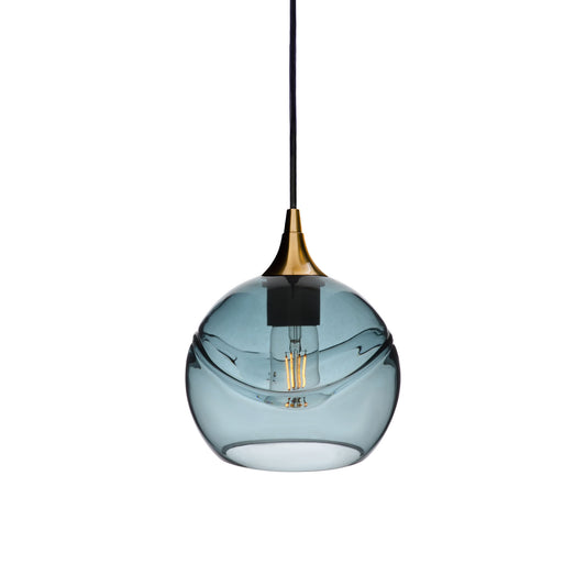 767 Single Pendant Light-Bicycle Glass Co-Polished Brass 15ft Cord + Track Mount-Spun-Steel Blue-Bicycle Glass Co