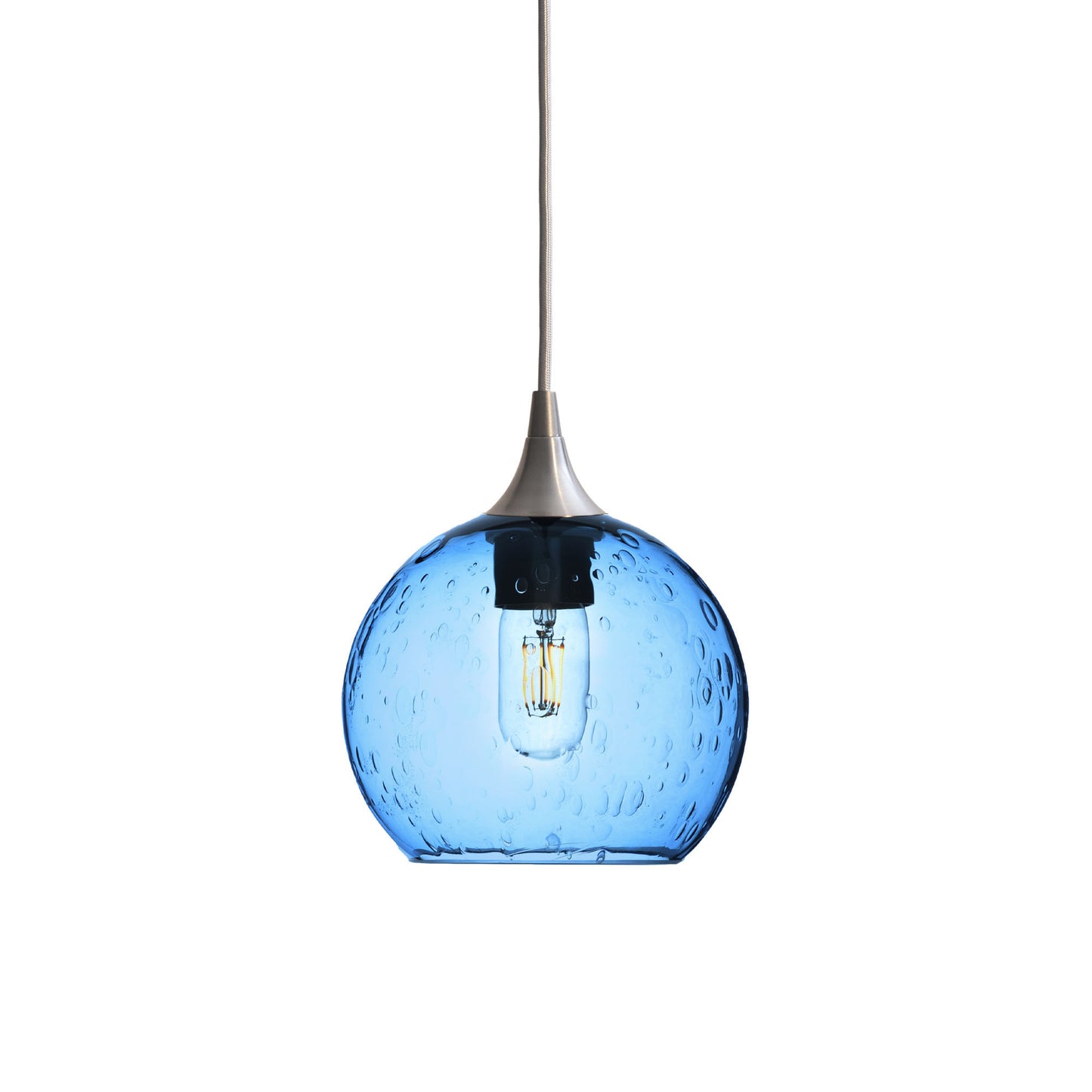 767 Single Pendant Light-Bicycle Glass Co-Brushed Nickel 15ft Cord + Track Mount-Lunar-Steel Blue-Bicycle Glass Co