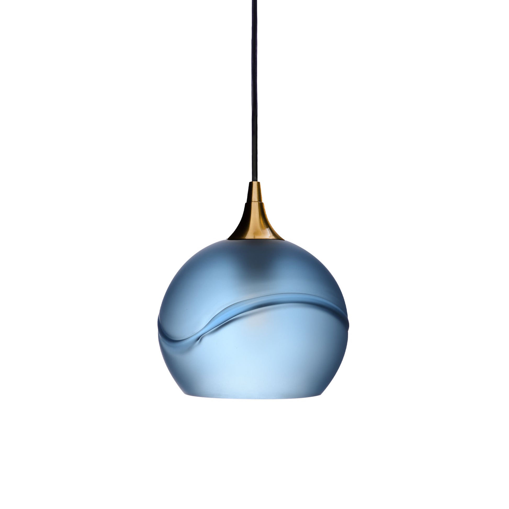 767 Single Pendant Light-Bicycle Glass Co-Polished Brass 15ft Cord + Track Mount-Glacial-Steel Blue-Bicycle Glass Co