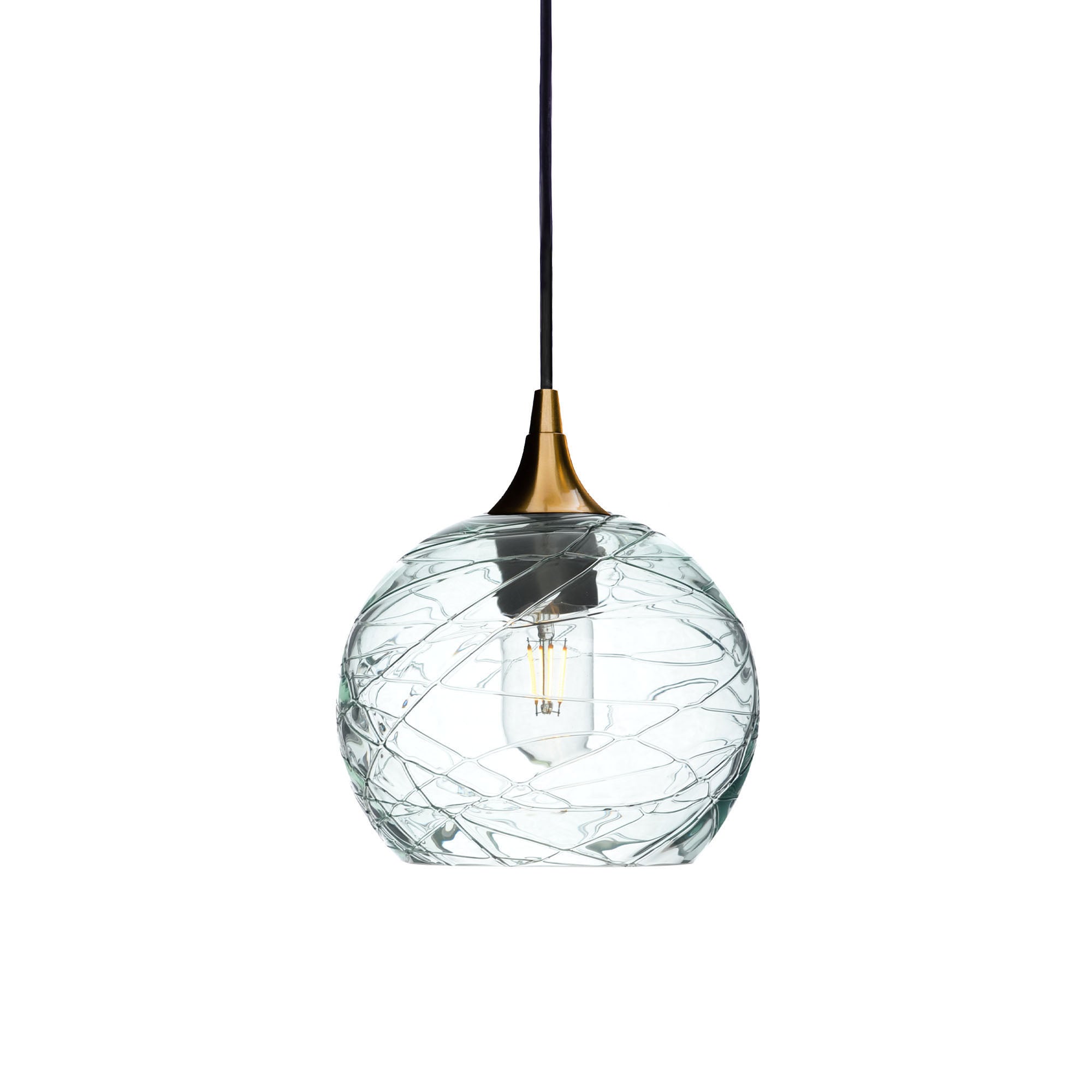 767 Single Pendant Light-Bicycle Glass Co-Polished Brass 15ft Cord + Track Mount-Spun-Eco Clear-Bicycle Glass Co