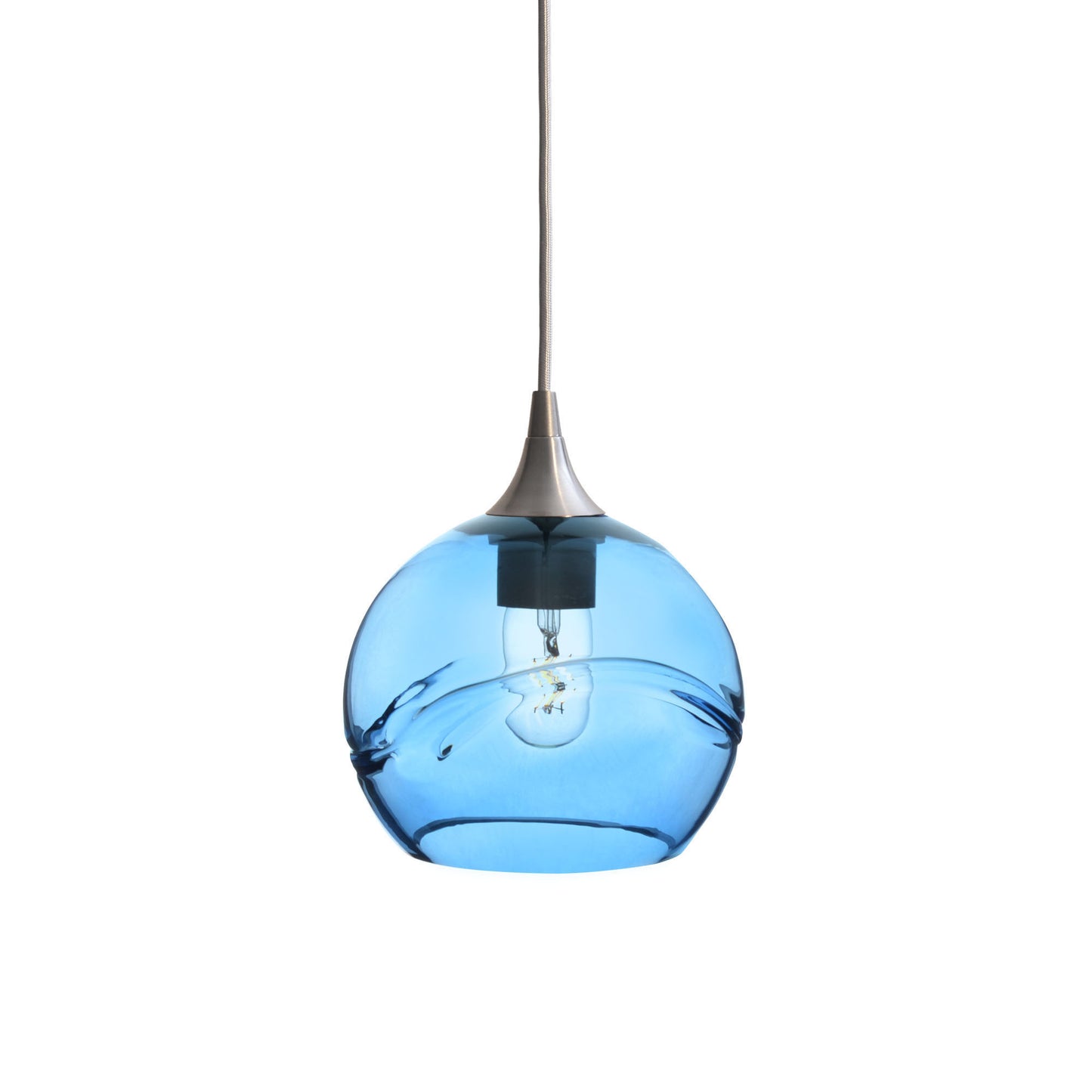 767 Single Pendant Light-Bicycle Glass Co-Brushed Nickel 15ft Cord + Track Mount-Swell-Steel Blue-Bicycle Glass Co