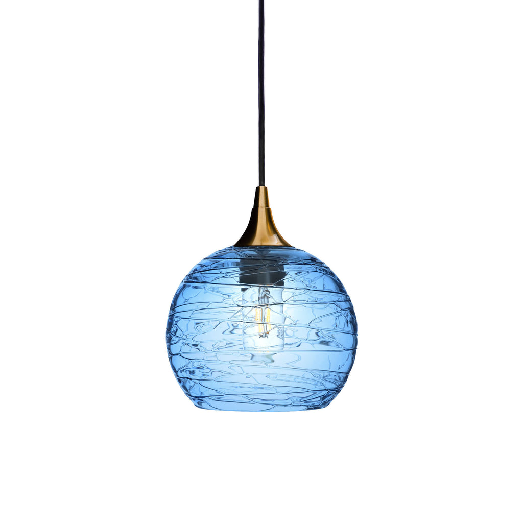 767 Single Pendant Light-Bicycle Glass Co-Polished Brass 15ft Cord + Track Mount-Spun-Steel Blue-Bicycle Glass Co