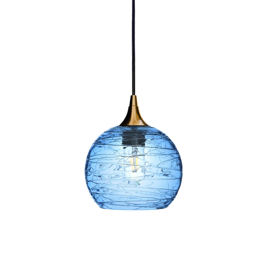 767 Single Pendant Light-Bicycle Glass Co-Polished Brass 15ft Cord + Track Mount-Spun-Steel Blue-Bicycle Glass Co