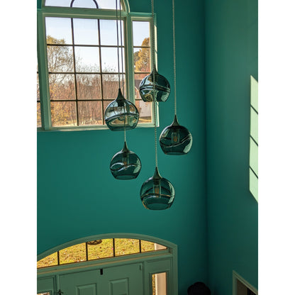 Bicycle Glass Co 767 Swell: 5 Pendant Cascade Chandelier, Slate Gray Glass, Brushed Nickel Hardware, Lifestyle Photo,  Front Entryway, Light Bulbs Off