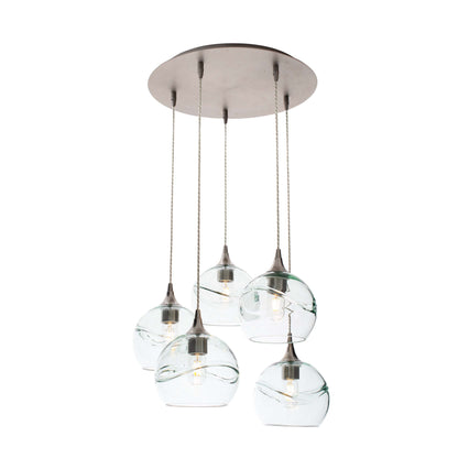 Bicycle Glass Co 767 Swell: 5 Pendant Cascade Chandelier, Eco Clear Glass, Brushed Nickel Hardware, Light Bulbs On