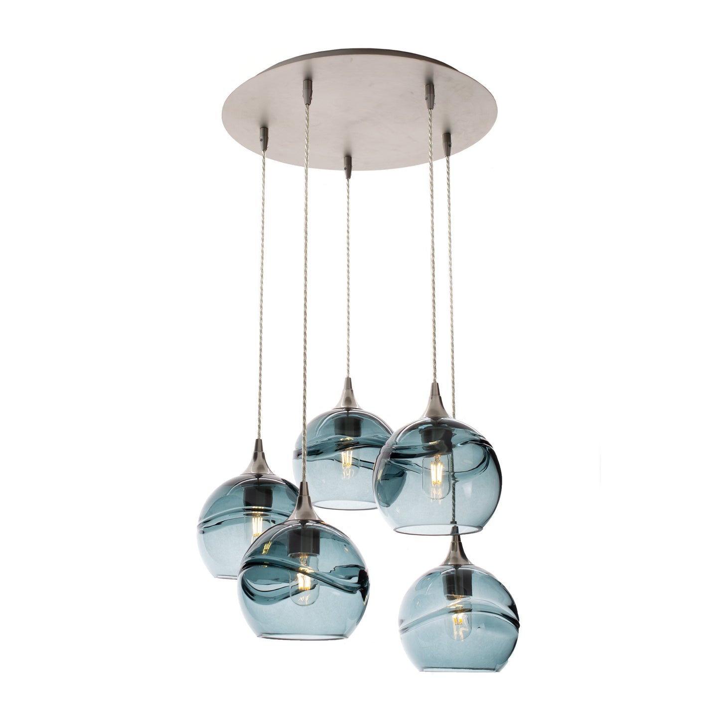 Bicycle Glass Co 767 Swell: 5 Pendant Cascade Chandelier, Slate Gray Glass, Brushed Nickel Hardware, Light Bulbs On