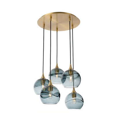 767 Swell: 5 Pendant Cascade Chandelier-Glass-Bicycle Glass Co - Hotshop-Slate Gray-Polished Brass-Bicycle Glass Co