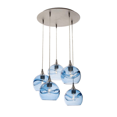 Bicycle Glass Co 767 Swell: 5 Pendant Cascade Chandelier, Steel Blue Glass, Brushed Nickel Hardware, Light Bulbs On