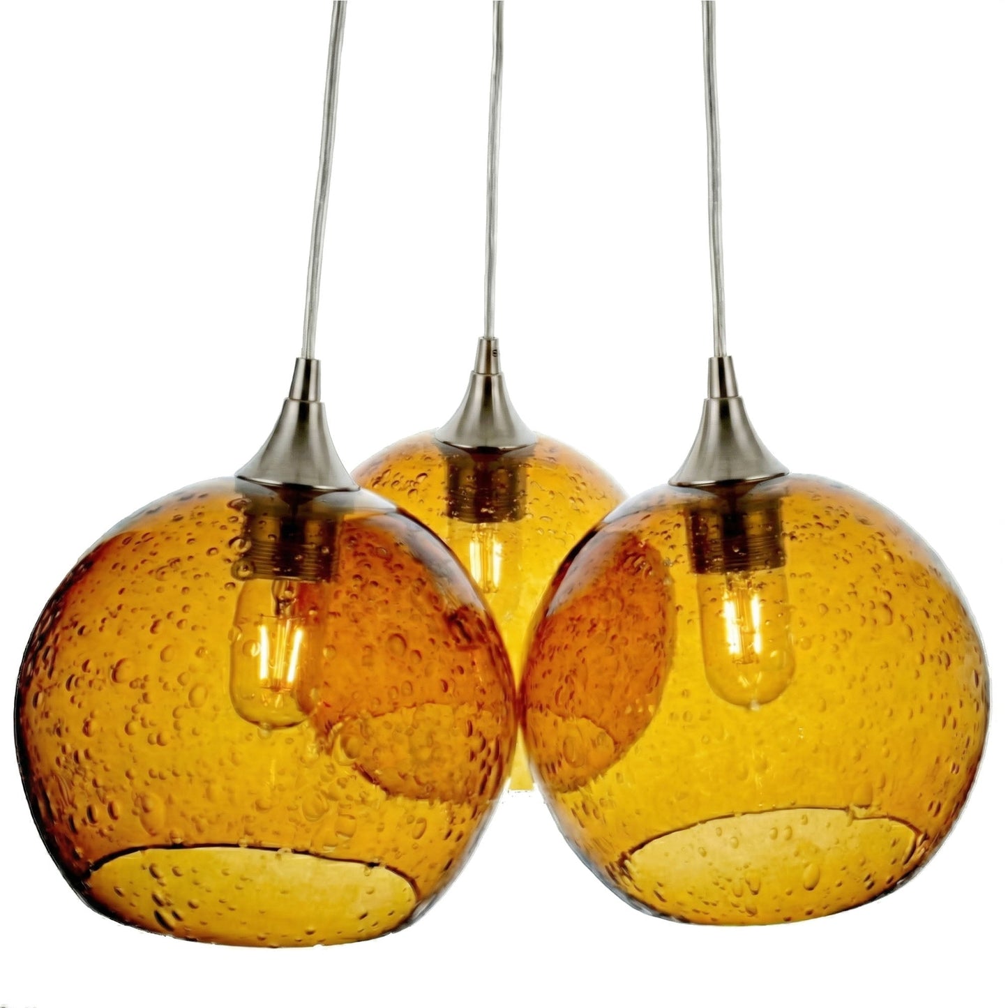 768 3-Cluster Chandelier-Glass-Bicycle Glass Co - Hotshop-Lunar-Golden Amber-Brushed Nickel - 4ft Cord-Bicycle Glass Co