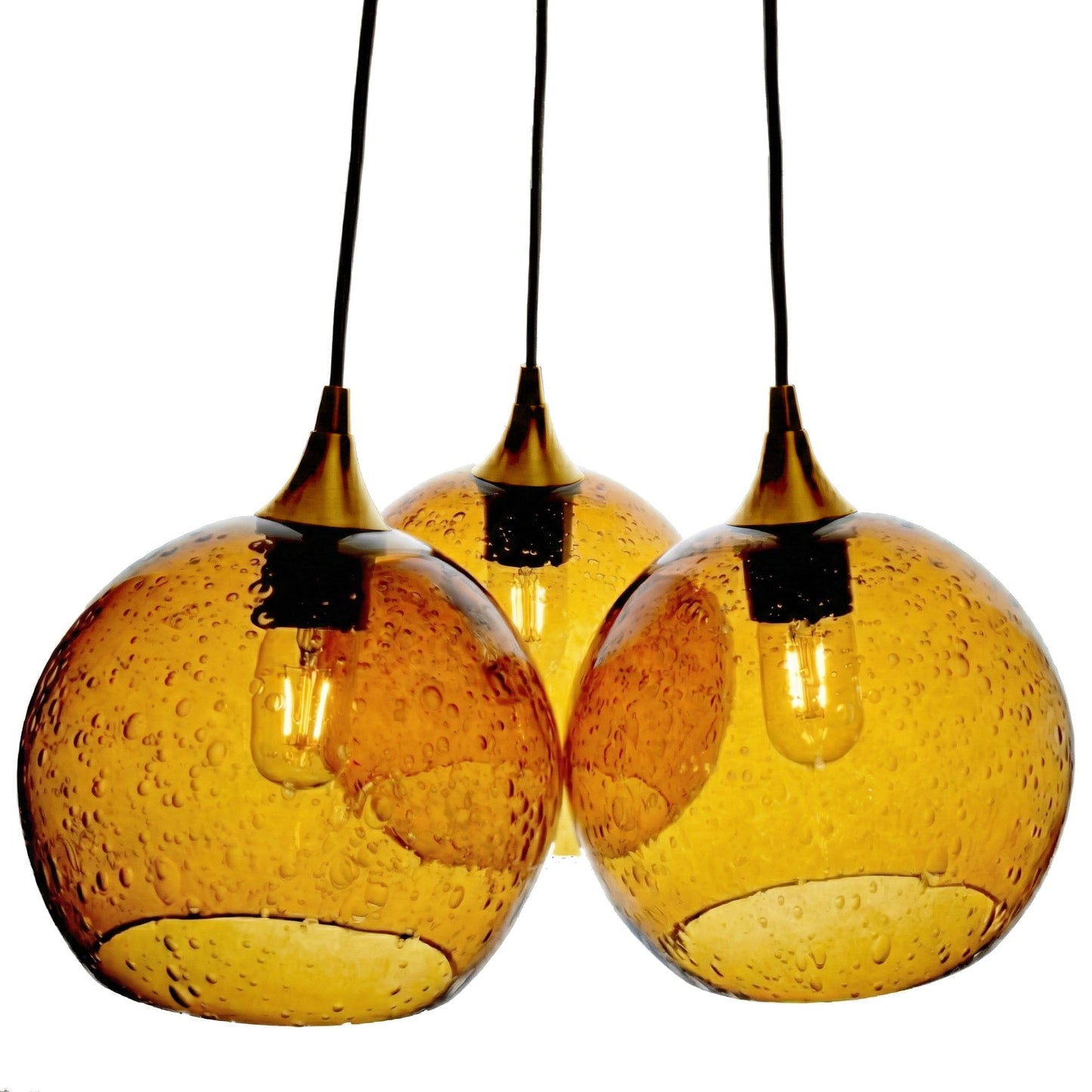 768 3-Cluster Chandelier-Glass-Bicycle Glass Co - Hotshop-Lunar-Golden Amber-Polished Brass - 4ft Cord-Bicycle Glass Co
