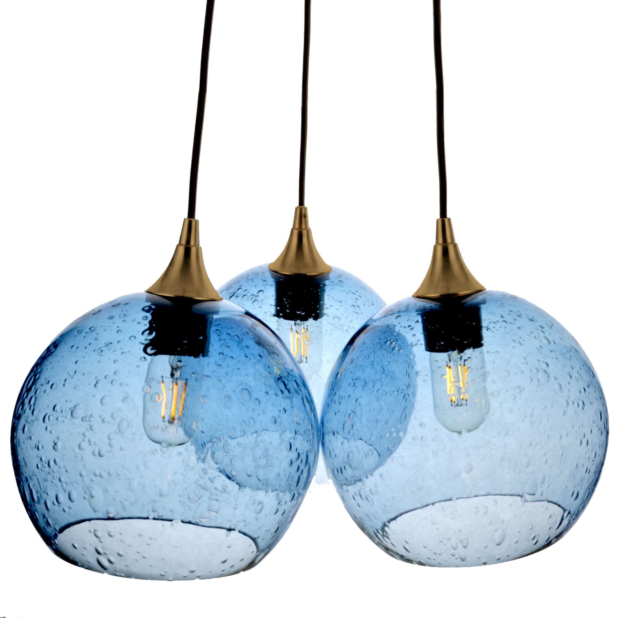 768 3-Cluster Chandelier-Glass-Bicycle Glass Co - Hotshop-Lunar-Steel Blue-Polished Brass - 4ft Cord-Bicycle Glass Co