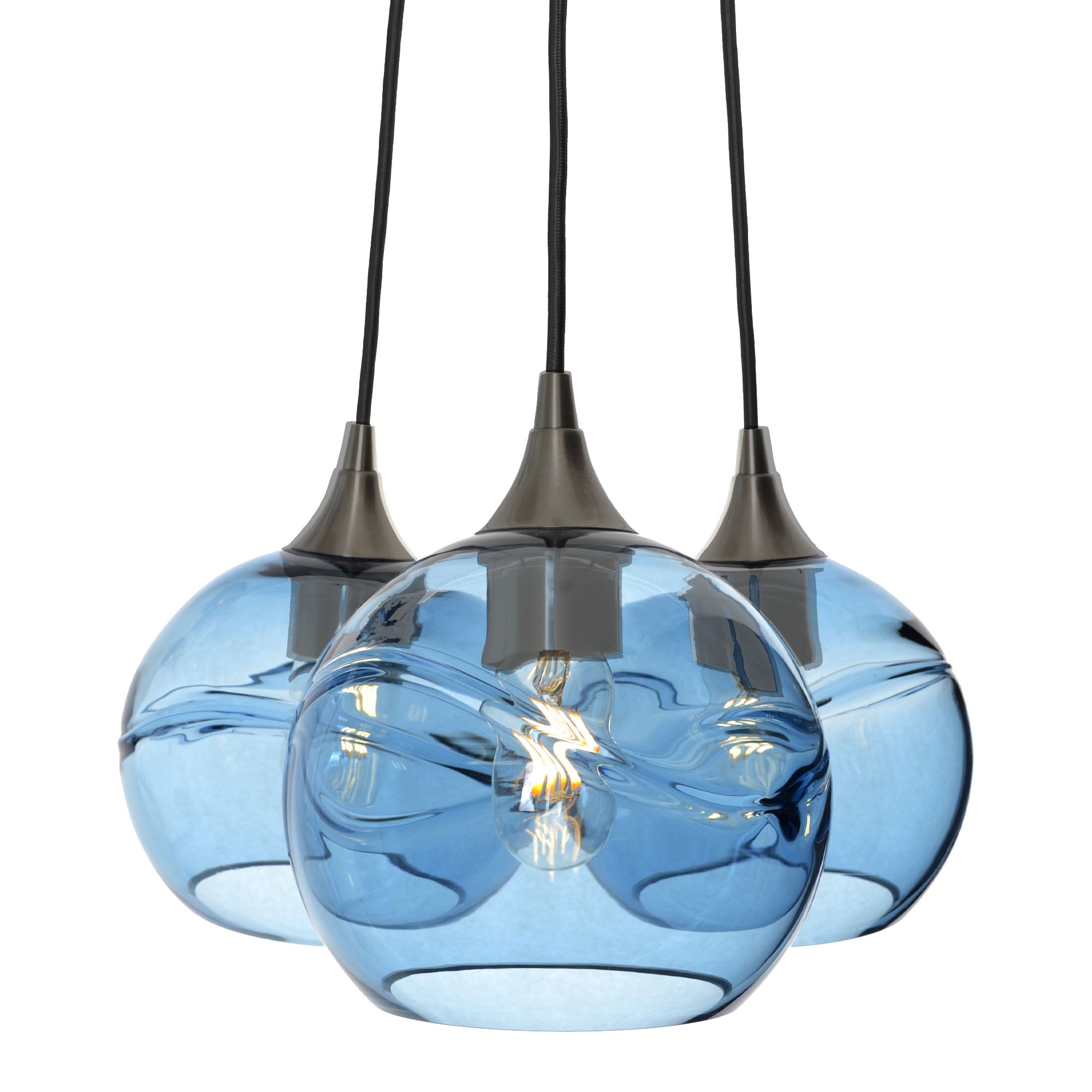768 3-Cluster Chandelier-Glass-Bicycle Glass Co - Hotshop-Swell-Steel Blue-Antique Bronze - 4ft Cord-Bicycle Glass Co