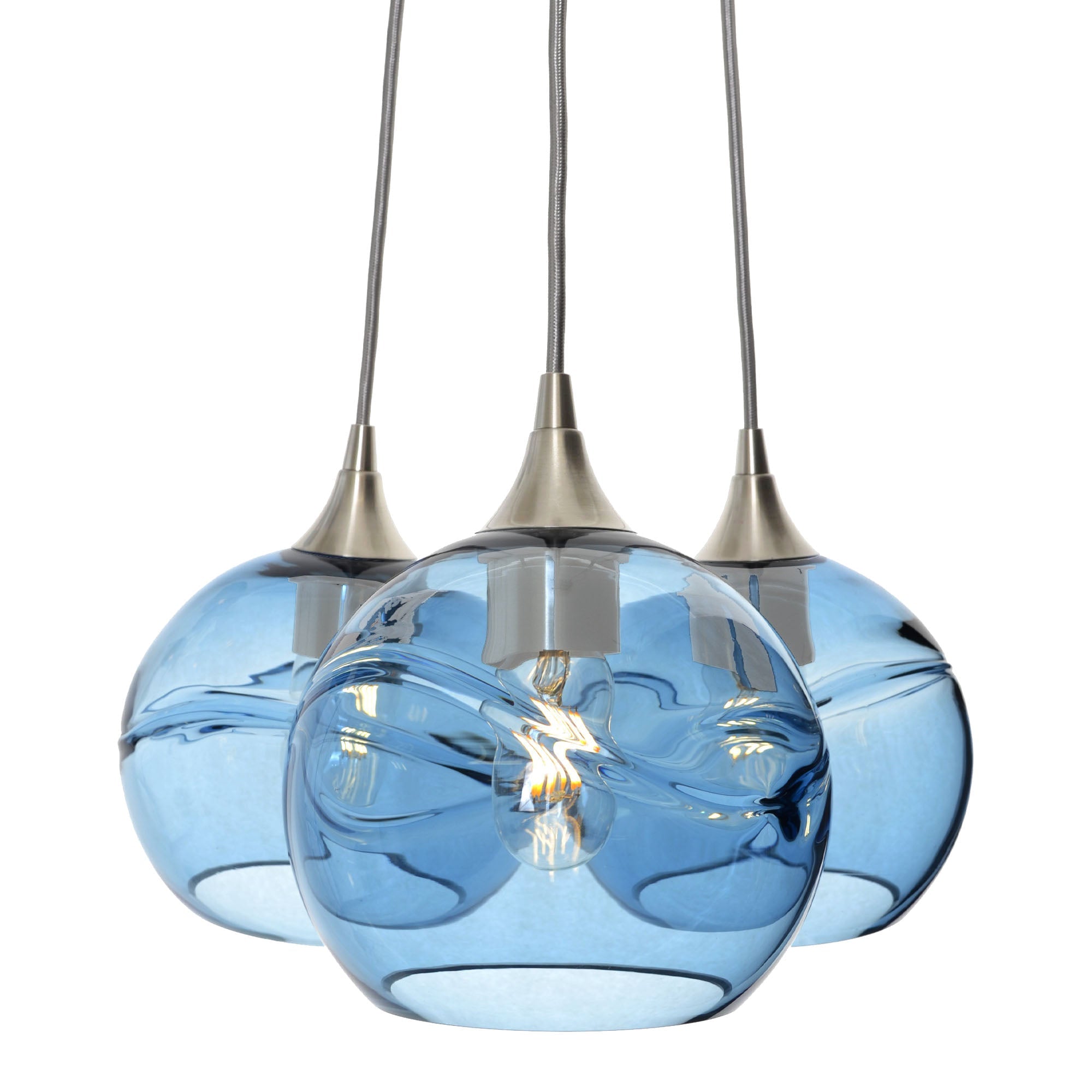 768 3-Cluster Chandelier-Glass-Bicycle Glass Co - Hotshop-Swell-Steel Blue-Brushed Nickel - 4ft Cord-Bicycle Glass Co