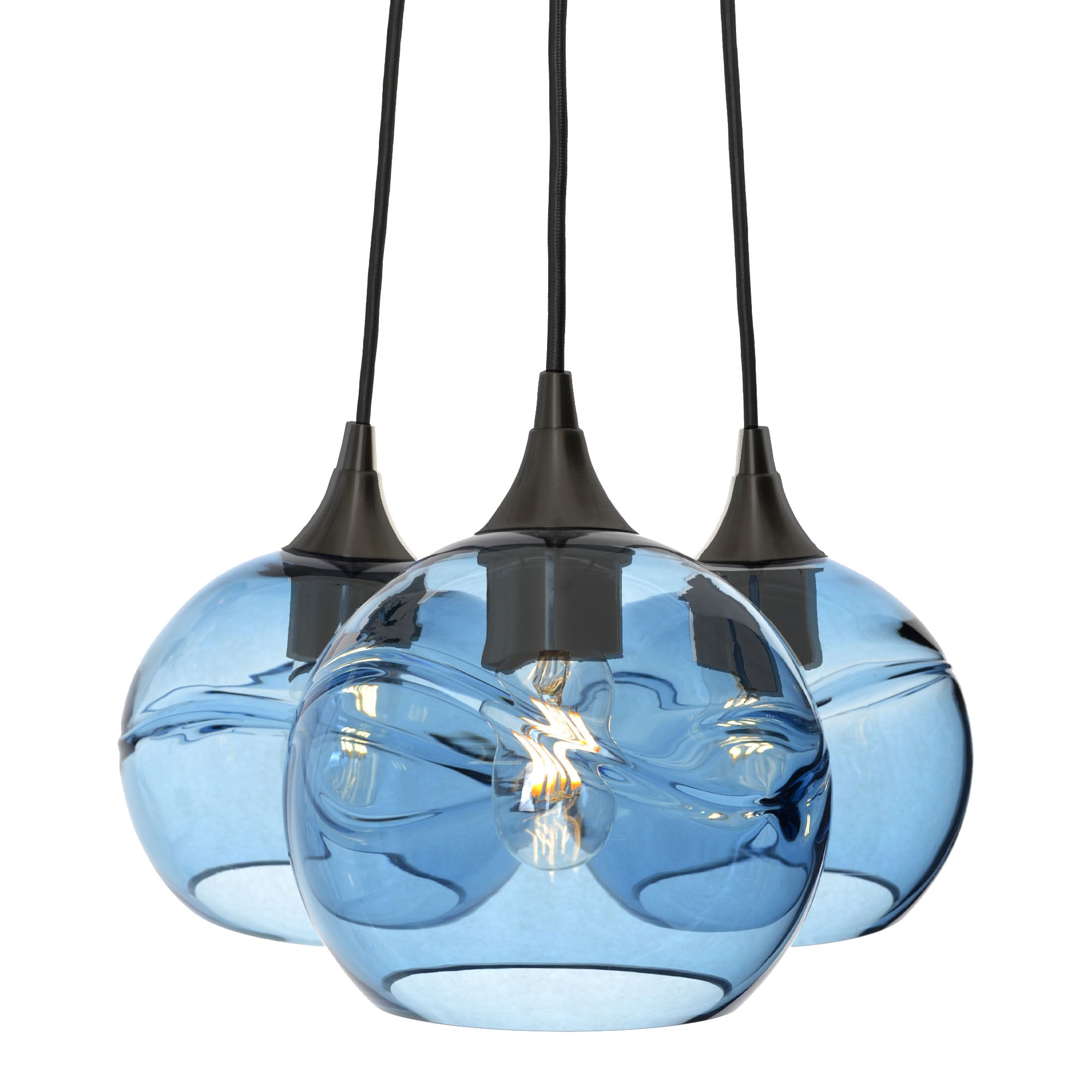 768 3-Cluster Chandelier-Glass-Bicycle Glass Co - Hotshop-Swell-Steel Blue-Matte Black - 4ft Cord-Bicycle Glass Co