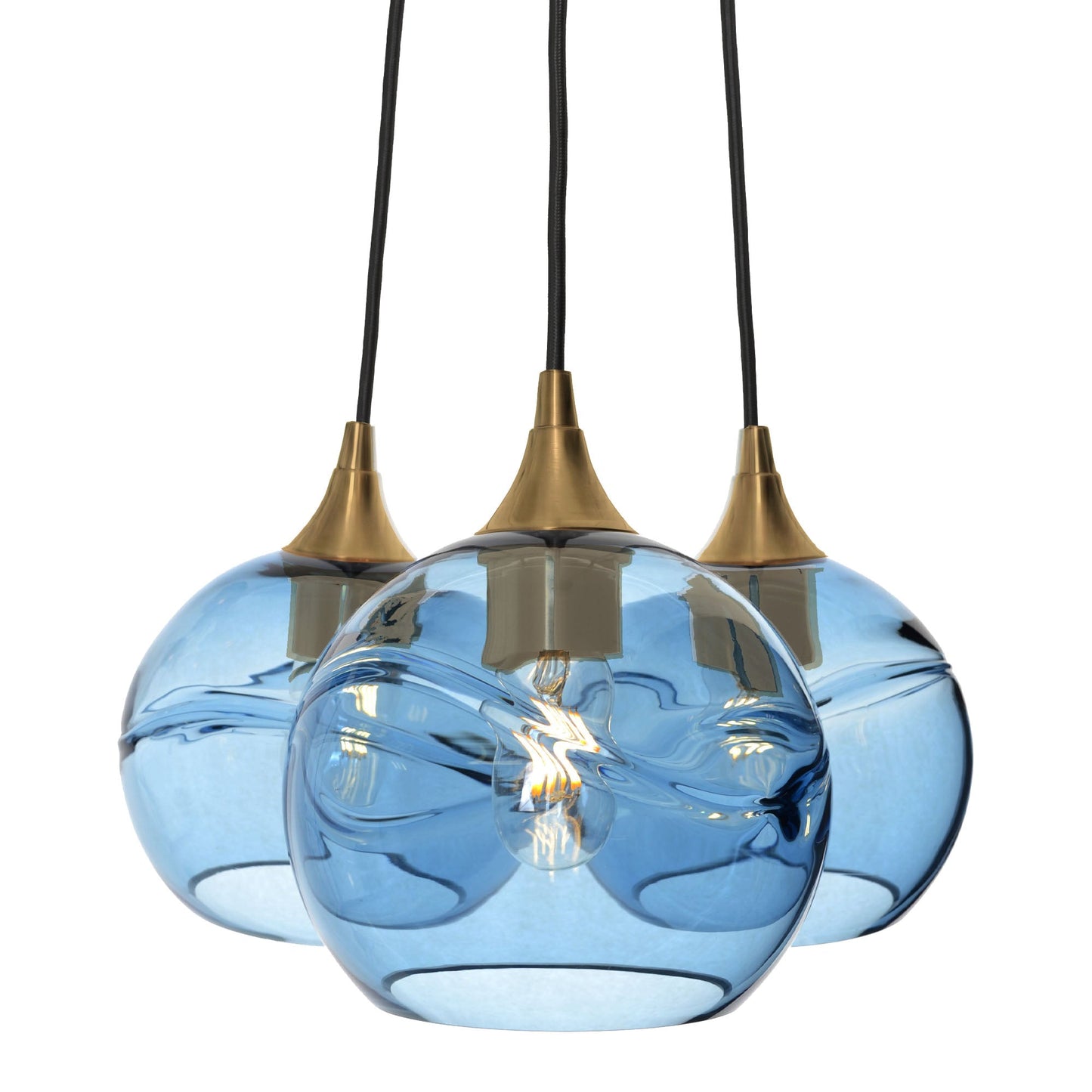 768 3-Cluster Chandelier-Glass-Bicycle Glass Co - Hotshop-Swell-Steel Blue-Polished Brass - 4ft Cord-Bicycle Glass Co