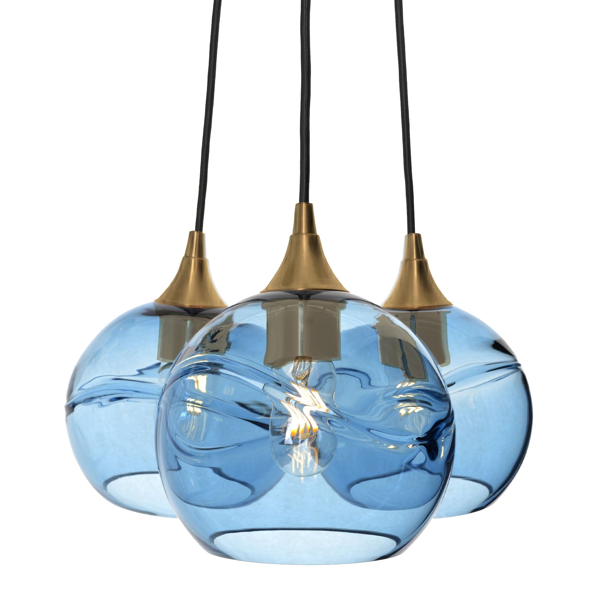 768 3-Cluster Chandelier-Glass-Bicycle Glass Co - Hotshop-Swell-Steel Blue-Polished Brass - 4ft Cord-Bicycle Glass Co