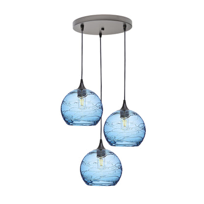 768 3 Pendant Cascade Chandelier-Glass-Bicycle Glass Co - Hotshop-Antique Bronze - 4ft Cord-Spun-Steel Blue-Bicycle Glass Co
