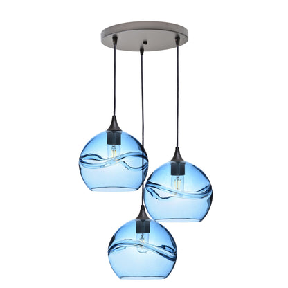 768 3 Pendant Cascade Chandelier-Glass-Bicycle Glass Co - Hotshop-Antique Bronze - 4ft Cord-Swell-Steel Blue-Bicycle Glass Co