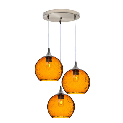 768 3 Pendant Cascade Chandelier-Glass-Bicycle Glass Co - Hotshop-Brushed Nickel - 4ft Cord-Lunar-Golden Amber-Bicycle Glass Co
