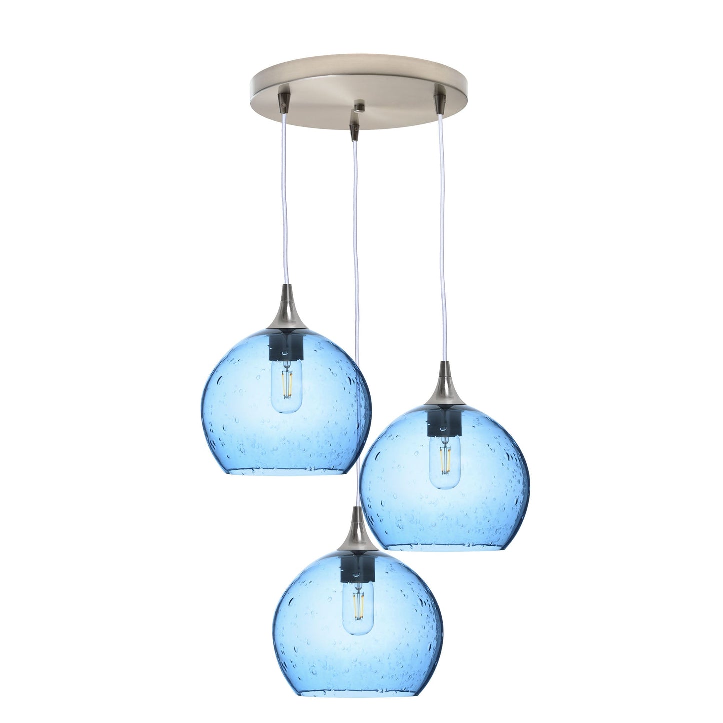 768 3 Pendant Cascade Chandelier-Glass-Bicycle Glass Co - Hotshop-Brushed Nickel - 4ft Cord-Lunar-Steel Blue-Bicycle Glass Co