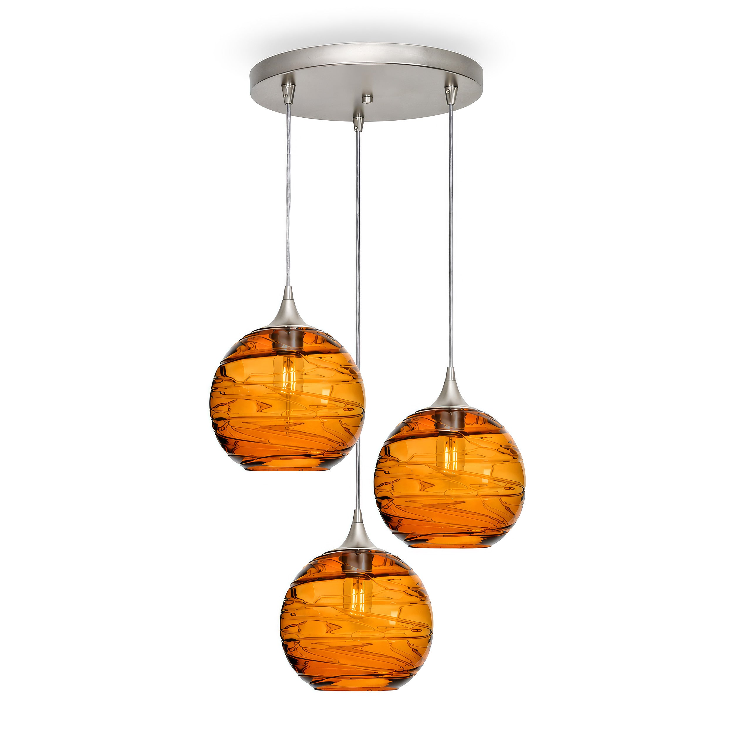 768 3 Pendant Cascade Chandelier-Glass-Bicycle Glass Co - Hotshop-Brushed Nickel - 4ft Cord-Spun-Golden Amber-Bicycle Glass Co