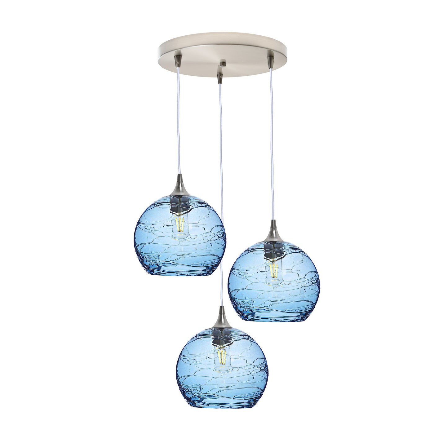768 3 Pendant Cascade Chandelier-Glass-Bicycle Glass Co - Hotshop-Brushed Nickel - 4ft Cord-Spun-Steel Blue-Bicycle Glass Co
