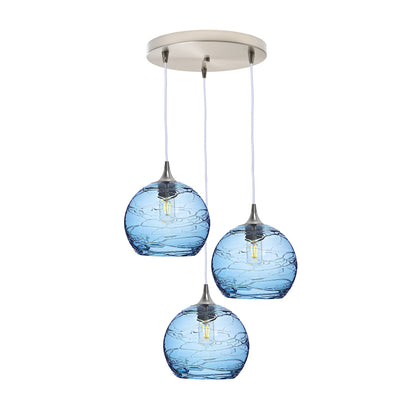 768 3 Pendant Cascade Chandelier-Glass-Bicycle Glass Co - Hotshop-Brushed Nickel - 4ft Cord-Spun-Steel Blue-Bicycle Glass Co