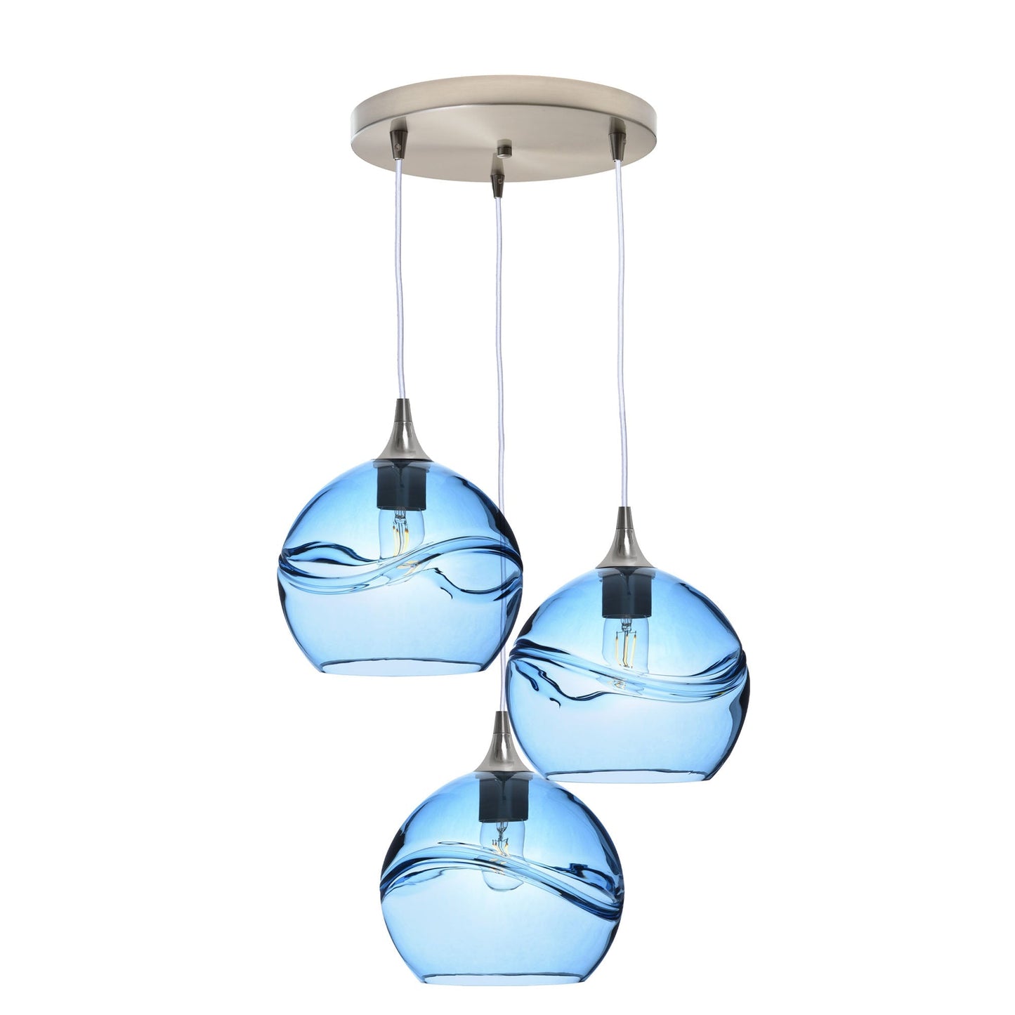 768 3 Pendant Cascade Chandelier-Glass-Bicycle Glass Co - Hotshop-Brushed Nickel - 4ft Cord-Swell-Steel Blue-Bicycle Glass Co