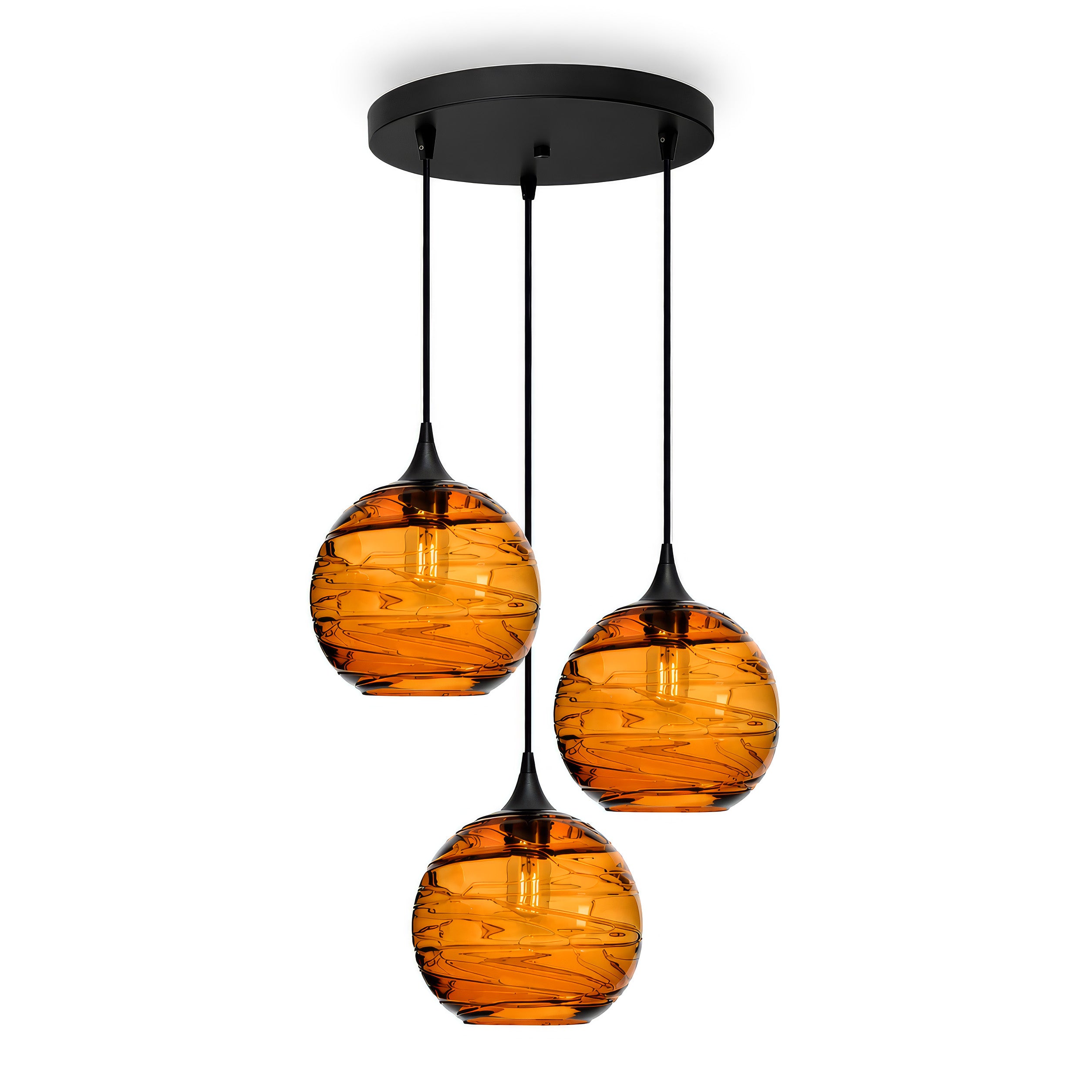768 3 Pendant Cascade Chandelier-Glass-Bicycle Glass Co - Hotshop-Matte Black - 4ft Cord-Spun-Golden Amber-Bicycle Glass Co