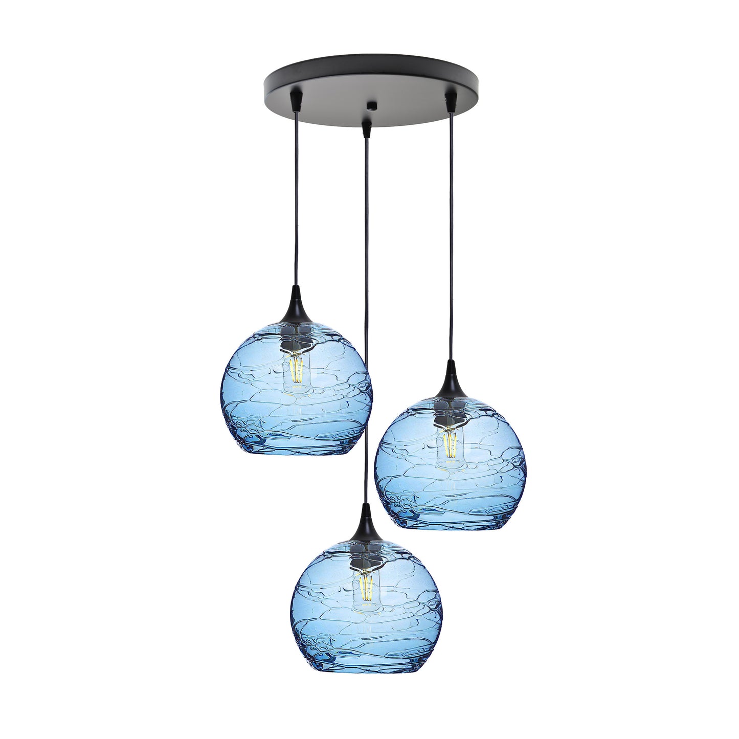 768 3 Pendant Cascade Chandelier-Glass-Bicycle Glass Co - Hotshop-Matte Black - 4ft Cord-Spun-Steel Blue-Bicycle Glass Co
