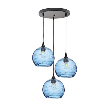 768 3 Pendant Cascade Chandelier-Glass-Bicycle Glass Co - Hotshop-Matte Black - 4ft Cord-Spun-Steel Blue-Bicycle Glass Co