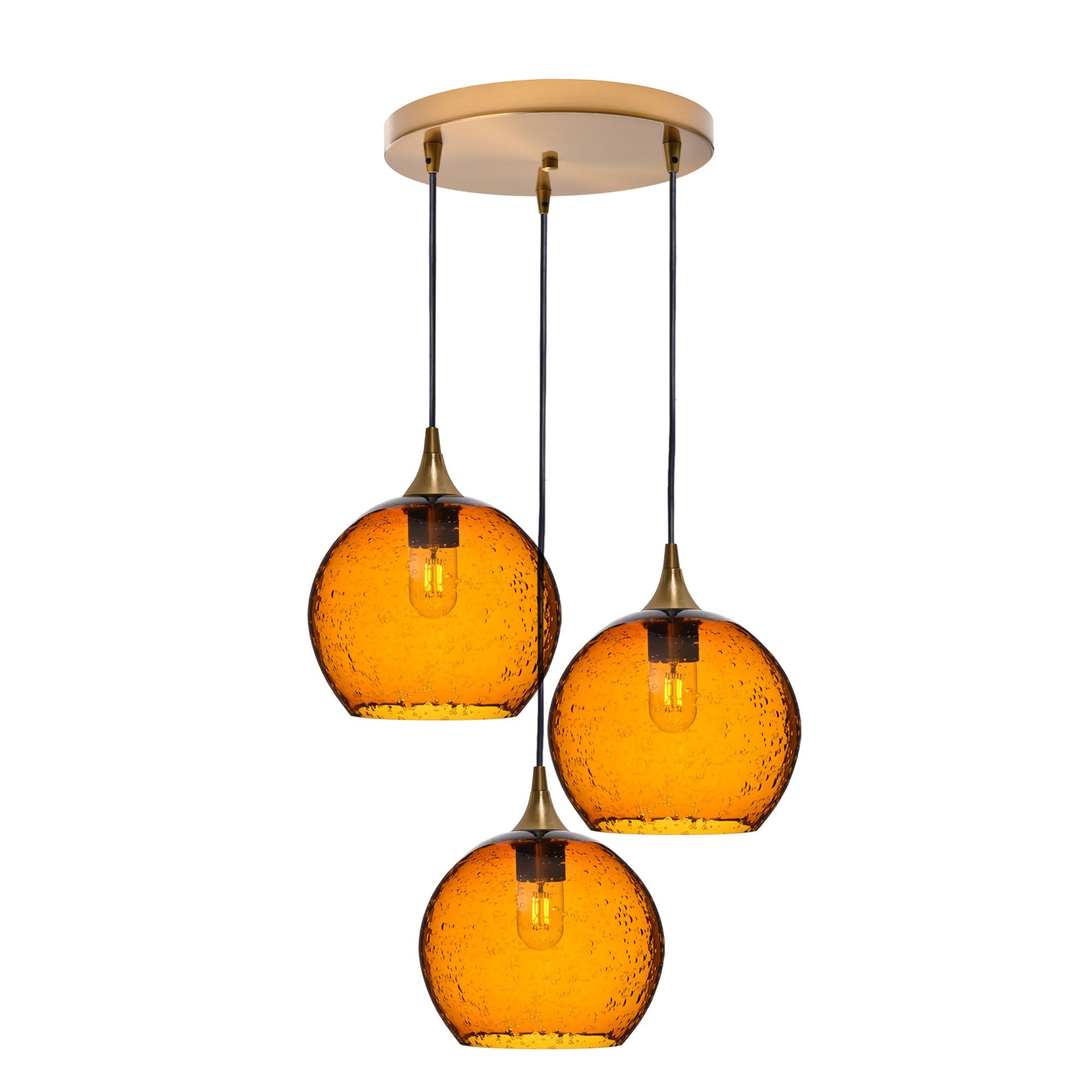 768 3 Pendant Cascade Chandelier-Glass-Bicycle Glass Co - Hotshop-Polished Brass - 4ft Cord-Lunar-Golden Amber-Bicycle Glass Co