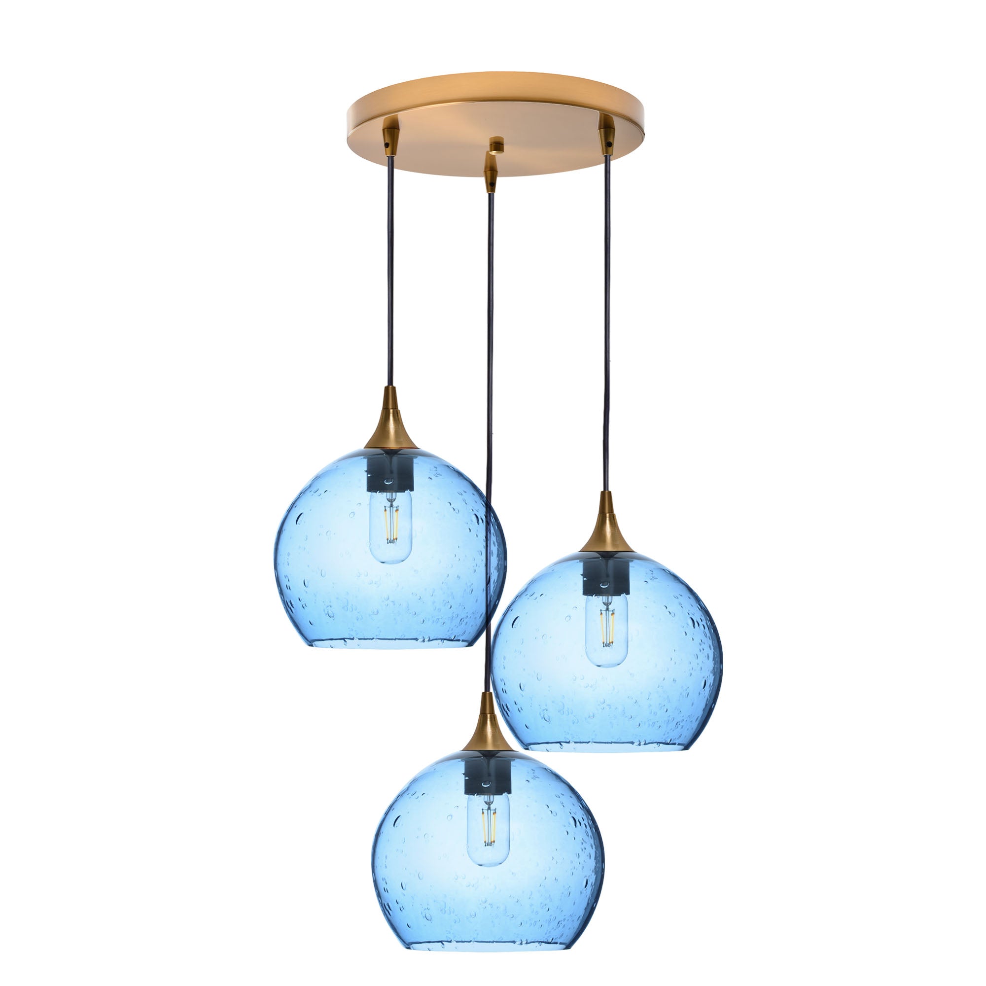 768 3 Pendant Cascade Chandelier-Glass-Bicycle Glass Co - Hotshop-Polished Brass - 4ft Cord-Lunar-Steel Blue-Bicycle Glass Co