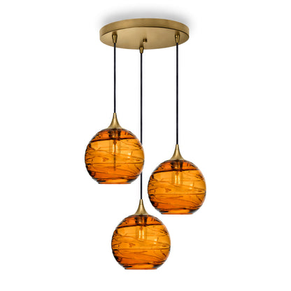 768 3 Pendant Cascade Chandelier-Glass-Bicycle Glass Co - Hotshop-Polished Brass - 4ft Cord-Spun-Golden Amber-Bicycle Glass Co