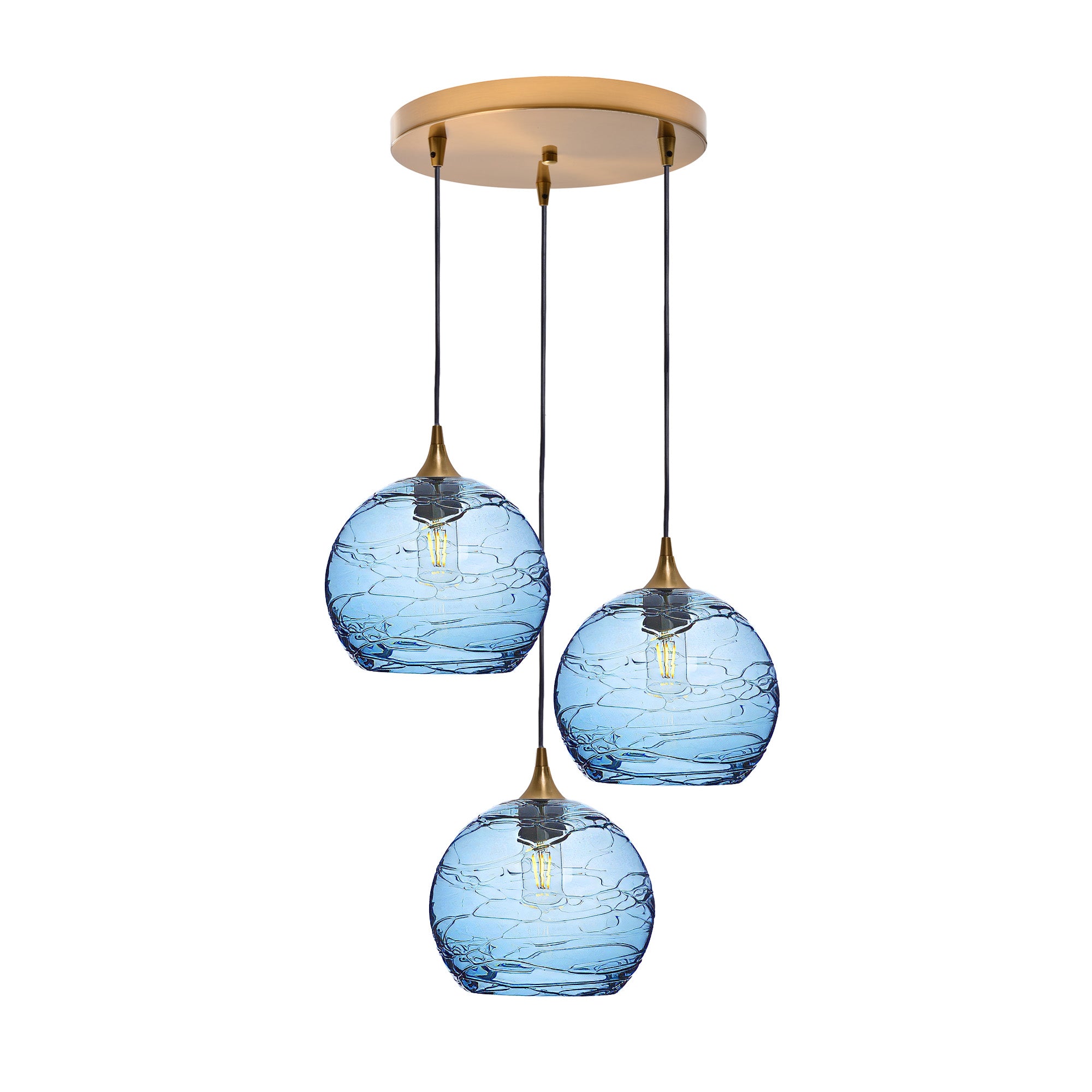 768 3 Pendant Cascade Chandelier-Glass-Bicycle Glass Co - Hotshop-Polished Brass - 4ft Cord-Spun-Steel Blue-Bicycle Glass Co