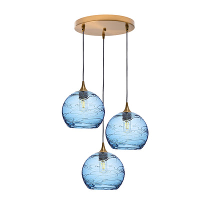 768 3 Pendant Cascade Chandelier-Glass-Bicycle Glass Co - Hotshop-Polished Brass - 4ft Cord-Spun-Steel Blue-Bicycle Glass Co