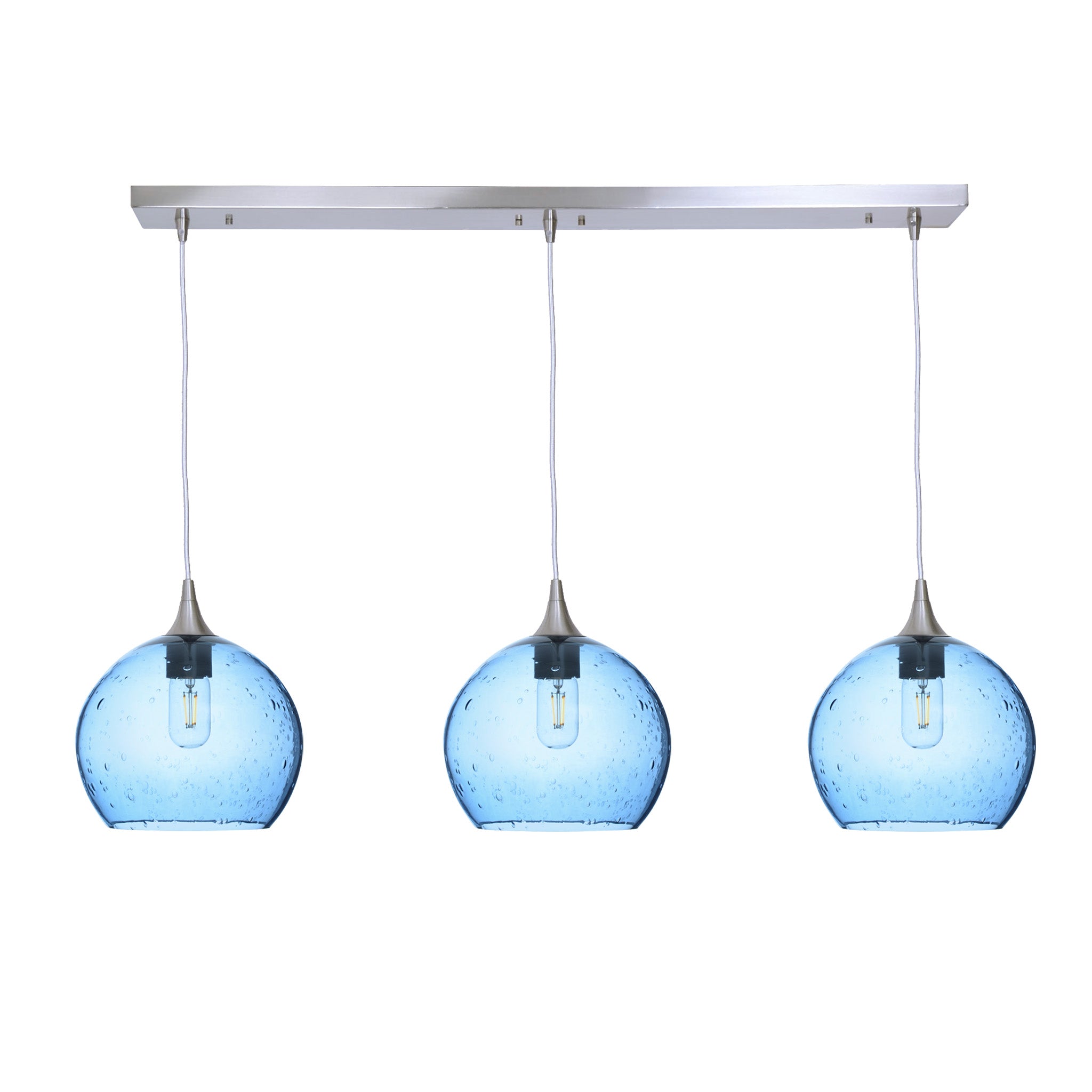 768 3 Pendant Linear Chandelier-Glass-Bicycle Glass Co - Hotshop-Brushed Nickel - 4ft Cord-Lunar-Steel Blue-Bicycle Glass Co