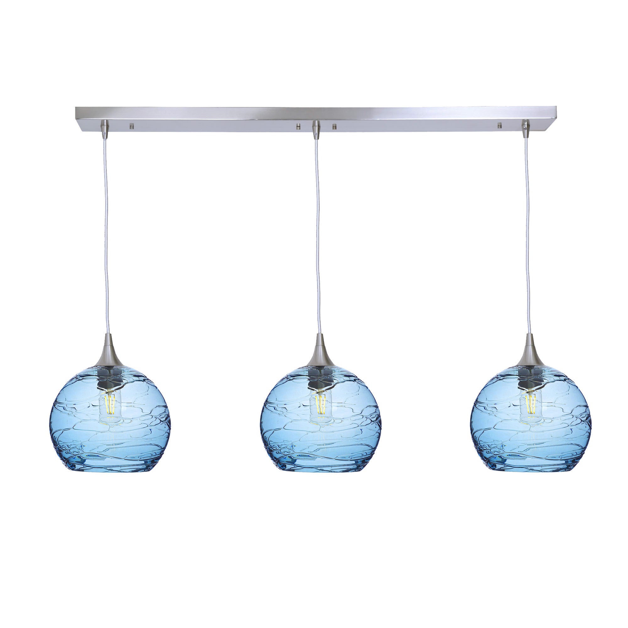 768 3 Pendant Linear Chandelier-Glass-Bicycle Glass Co - Hotshop-Brushed Nickel - 4ft Cord-Spun-Steel Blue-Bicycle Glass Co