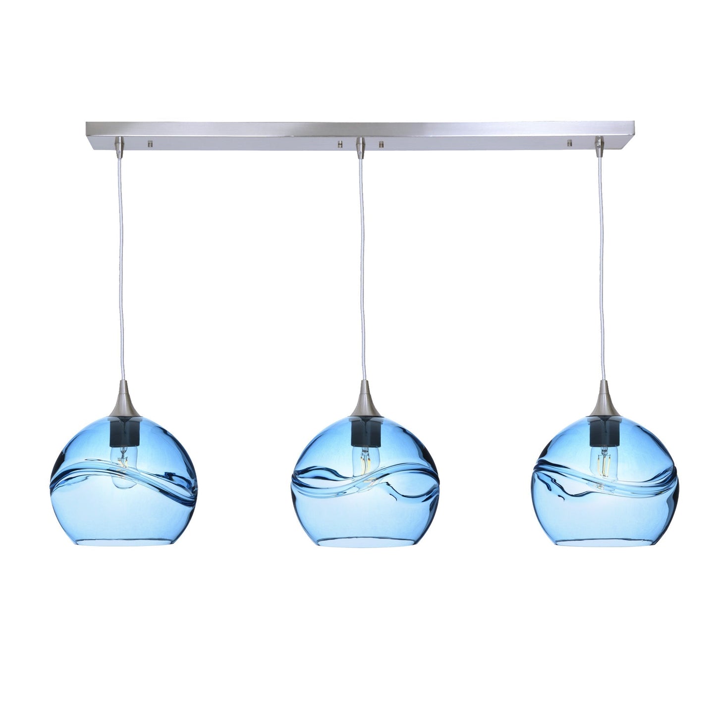 768 3 Pendant Linear Chandelier-Glass-Bicycle Glass Co - Hotshop-Brushed Nickel - 4ft Cord-Swell-Steel Blue-Bicycle Glass Co