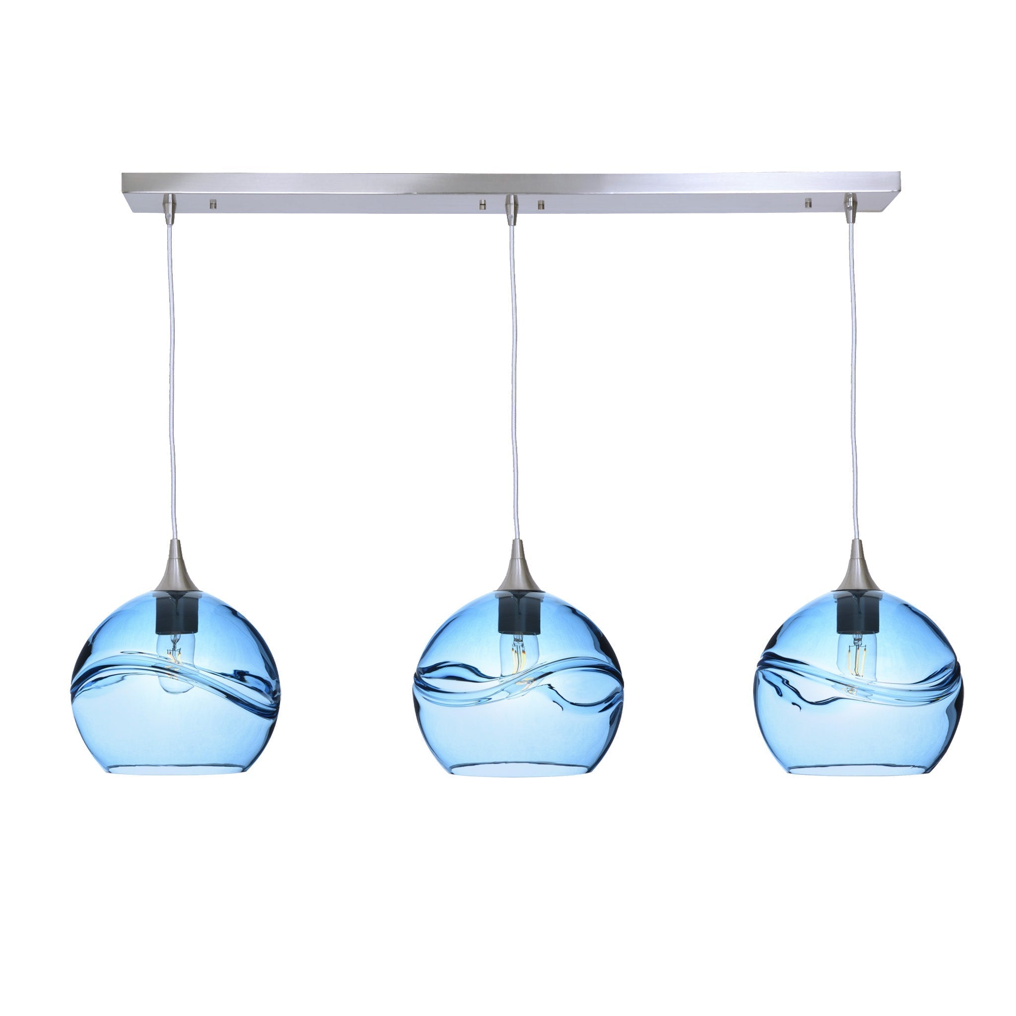 768 3 Pendant Linear Chandelier-Glass-Bicycle Glass Co - Hotshop-Brushed Nickel - 4ft Cord-Swell-Steel Blue-Bicycle Glass Co