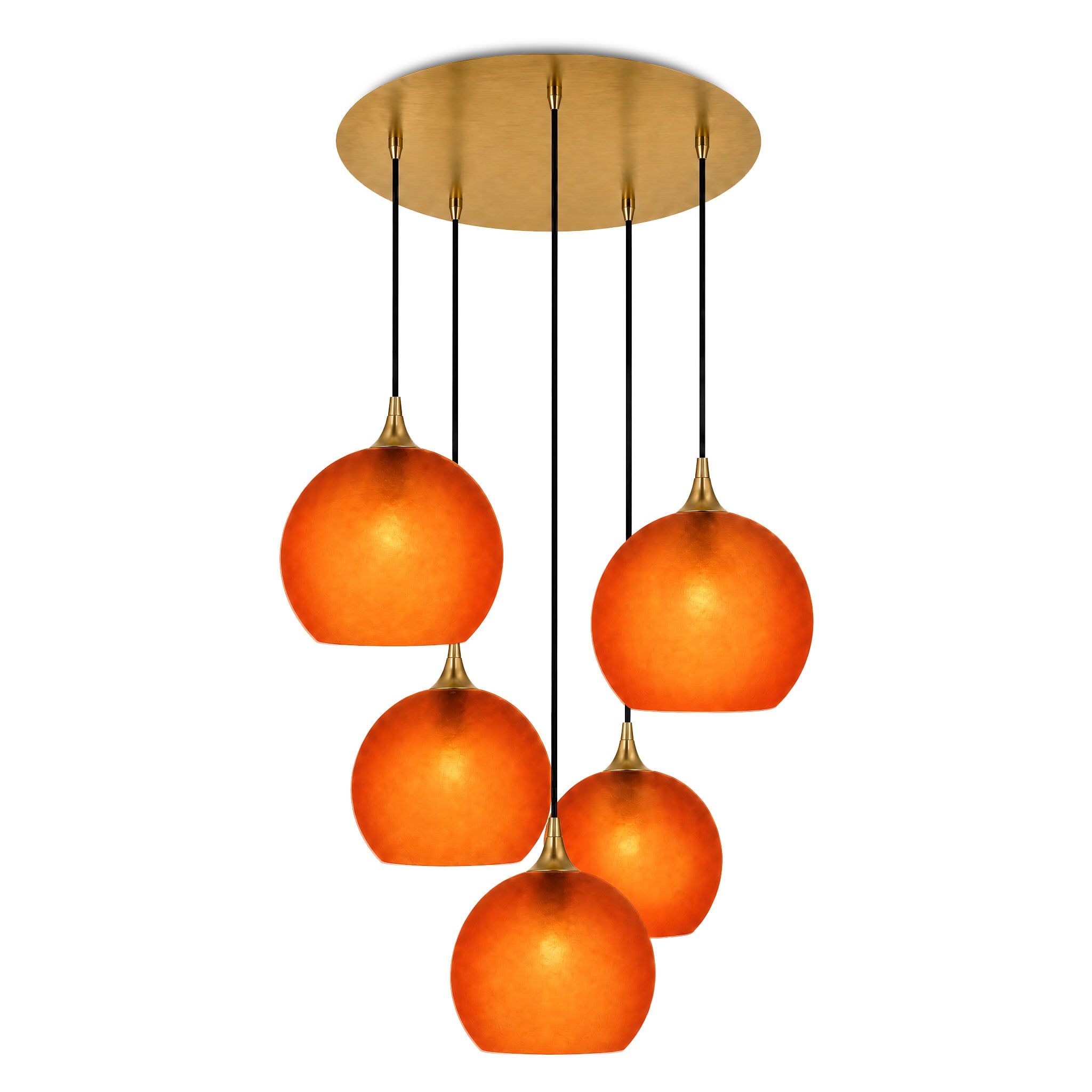 768 5 Pendant Cascade Chandelier-Bicycle Glass Co-Celestial-Golden Amber-Polished Brass - 4ft Cord-Bicycle Glass Co